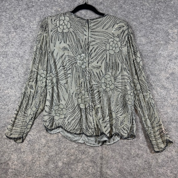 Vintage Pure Silk Beaded Floral Sheer Blouse Long Sleeve Art Ethereal Top - Picture 13 of 16